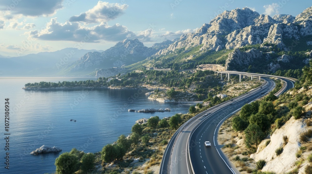 Poster A long road with a bridge and a mountain range in the background