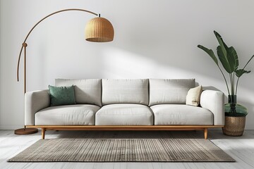 Home interior mock-up with gray sofa, wooden floor lamp and green vase in bright living room