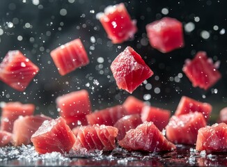 Raw tuna cubes falling down with water drops on black background