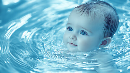 A carefree baby smiles delightfully while splashing in clear water, showcasing a moment of joy and innocence during a playful swim on a sunny day.