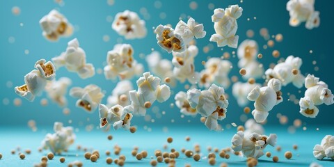 White and yellow popcorns are falling in the blue background