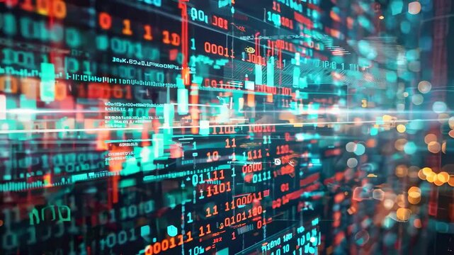 Abstract financial data visualization with glowing binary code and charts