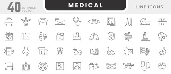Medical line icon set. Eyesight check, anxiety, stress, psychology, genetic, DNA, genome, gene, chromosomes, heredity, gender, experiments, swab, microscope line icon set. UI thin line icon pack.
