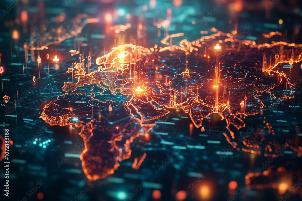 Poster Exploring global communications through a vibrant dimensional world map