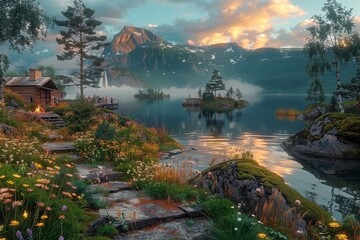 A peaceful and tranquil lake landscape at sunset featuring vibrant and colorful flora all around