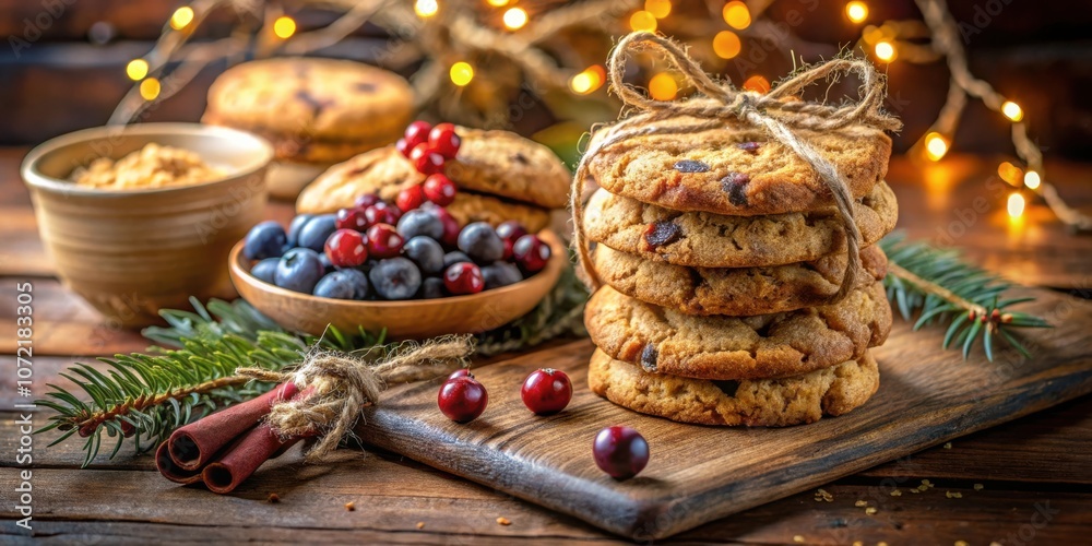 Poster a stack of homemade cookies tied with twine, surrounded by berries and a rustic wooden background wi
