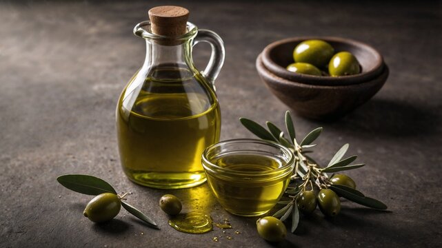 Olio d'oliva extravergine con olive fresche e rametti di ulivo