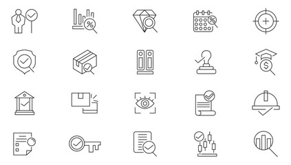 Inspection line icon set.  Approve, check, examination, verify, review, microscope, analysis, presentation, report, results, target, satisfaction, rating line icon set. UI thin line icon pack.