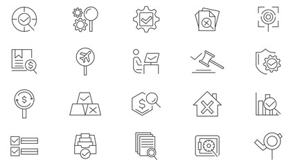 Inspection line icon set.  Approve, check, examination, verify, review, microscope, analysis, presentation, report, results, target, satisfaction, rating line icon set. UI thin line icon pack.