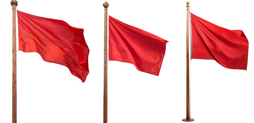 Three red flags waving in the wind against a white background.