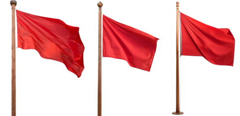 Three red flags waving in the wind against a white background.