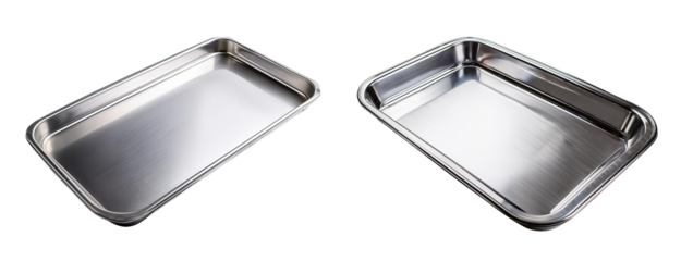 Two metallic trays isolated on a white background for culinary purpose or food presentation.