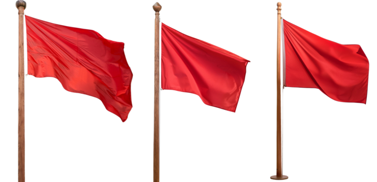 Three red flags waving in the wind against a white background.