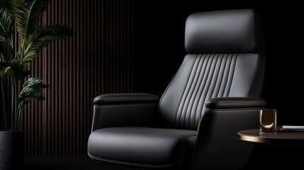 Relaxing black leather recliner chair with a touch of green from vibrant potted plant, creating cozy ambiance