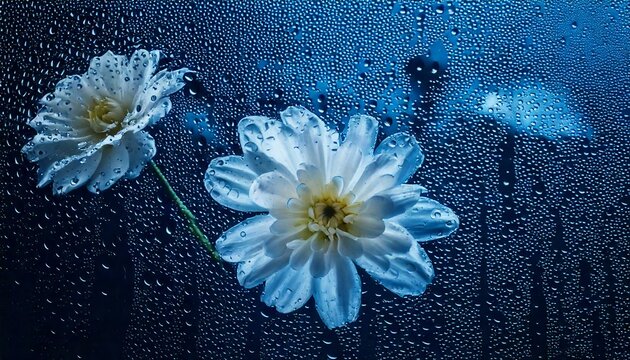 flower with drops, the drops on glass with flowers shadow in dark blue background