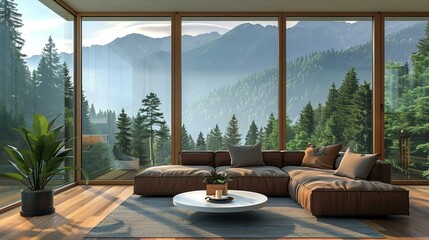 Fototapeta premium Modern living room interior with large windows and mountain view