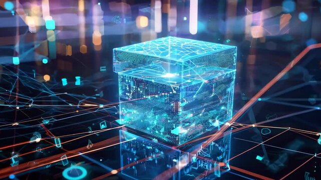 Futuristic digital gift box with glowing lights and technology background