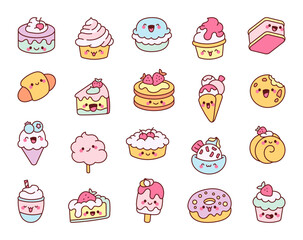 Cute kawaii cartoon sweets and dessert characters with adorable and playful expressions for kids and creative design projects