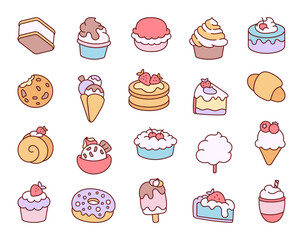 Sweets and dessert outline illustrations of delicious cakes, cupcakes, cookies, ice cream, donuts, macarons, croissants, pies, pancakes, milkshakes, and pastries for creative projects