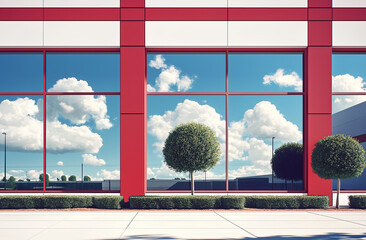 Modern building facade with red frames, large reflective glass windows, and manicured shrubs and trees under a blue sky with clouds. Urban architectural photography