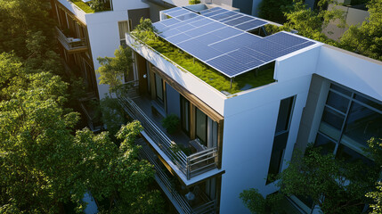 A contemporary building featuring rooftop solar panels and green spaces, surrounded by lush trees in a sustainable urban setting.
