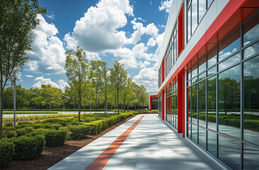 Contemporary building featuring a reflective glass facade, vibrant red accents, and a landscaped walkway surrounded by trees and shrubs