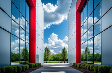 A sleek, contemporary office building featuring vibrant red accents and large reflective glass panels. A bright courtyard with lush greenery leads to a clear blue sky with fluffy clouds