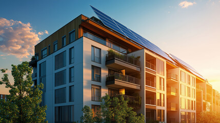 A sustainable apartment building with sleek architecture, solar panels on the rooftop, and lush greenery, illuminated by golden sunset light. An ideal showcase of eco-conscious urban living
