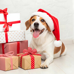 A cheerful dog wearing a Santa hat, playfully surrounded by colorful gifts.