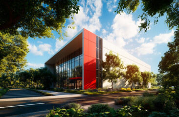 A contemporary industrial-style building with a striking red and white facade, large glass windows, and lush landscaping under a clear blue sky