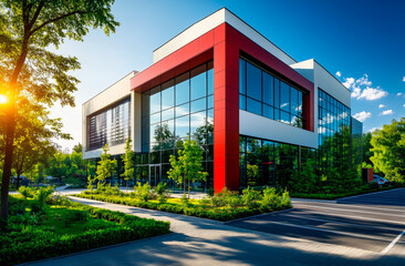 Contemporary office building featuring a bold red facade, large glass windows, and landscaped greenery, illuminated by warm sunset light.
