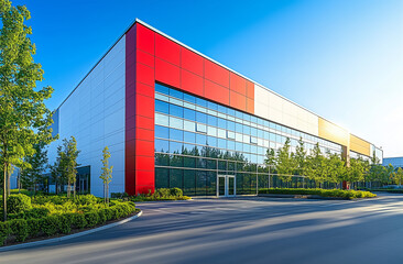 Modern industrial building with red and white panels, large glass windows, and surrounding landscaping under a bright blue sky. Contemporary architecture with an empty parking area