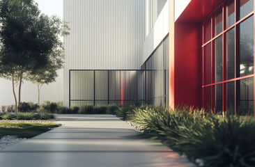 Modern industrial building exterior with red accents, glass panels, and landscaped pathway surrounded by greenery. Minimalist architectural design in soft natural light