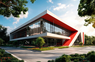 A contemporary industrial-style building featuring bold red and white accents, large glass panels, and landscaped surroundings. A vibrant, modern design with a touch of greenery