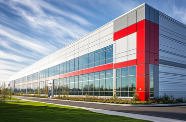 A modern industrial building featuring bold red accents, a clean white exterior, large glass windows, and landscaped surroundings under a bright blue sky
