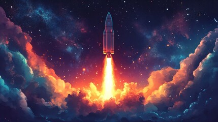 
A rocket launching from Earth into space, representing advancements in space exploration. Concept of space exploration