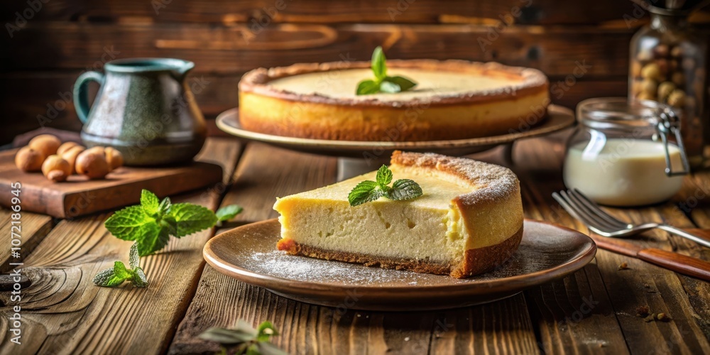 Poster a single slice of creamy cheesecake on a rustic wooden table with fresh mint garnishes and a hint of