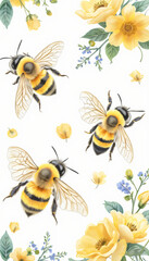 Fototapeta premium Honey bees and sunflowers in a vibrant nature-inspired pattern