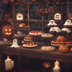 Spooky Halloween Pumpkin Pie Table.