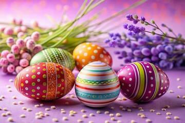 Colorful Easter Eggs with Stripes and Dots on Soft Lavender Background for Festive Spring Celebrations and Seasonal Decor