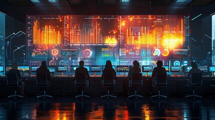 A team of analysts sits around a large table filled with laptops and charts. Screens display massive amounts of data, as they discuss trends and insights crucial for their company&rsquo;s growth