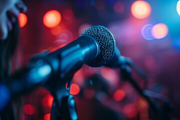 Close-up of a microphone on stage with colorful blurred background