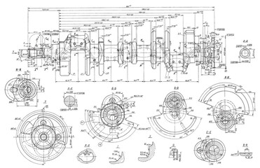 Crankshaft of cargo vehicle. Connecting rod bearing. 
Engineering mechanical drawing of automotive device. Industrial 
cad scheme on paper sheet. Technology design 
of machine building industry.