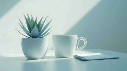White desk with a single succulent plant, a cup of coffee, and a notebook, creating a clean, serene workspace.