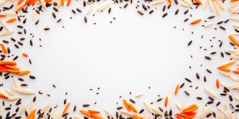 Fototapeta premium A decorative arrangement of colorful rice grains on a white background.