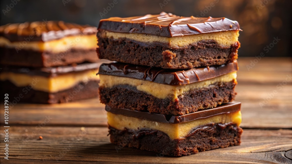 Poster A stack of fudgy brownies with a layer of peanut butter filling and topped with a thick layer of chocolate ganache