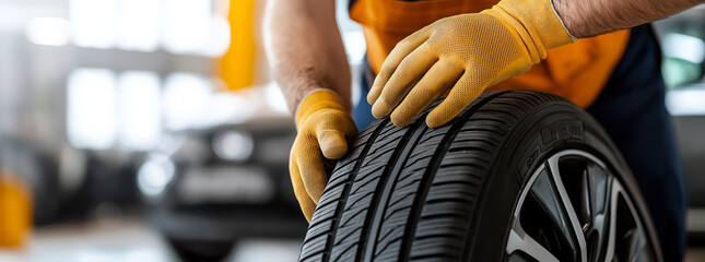 car mechanic changes tire in workshop, showcasing skill and precision. focus is on tire and hands, emphasizing importance of maintenance