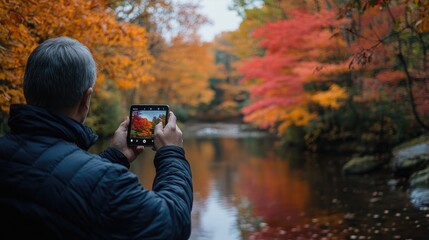 Fototapeta premium A man photographs the vibrant fall foliage reflected in a calm river.