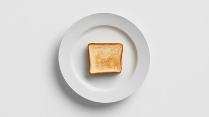 Top view of a plain toast slice centered on a simple white plate, against a white background.
