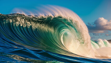 Dramatic wave curling under intense sunlight and reflections.